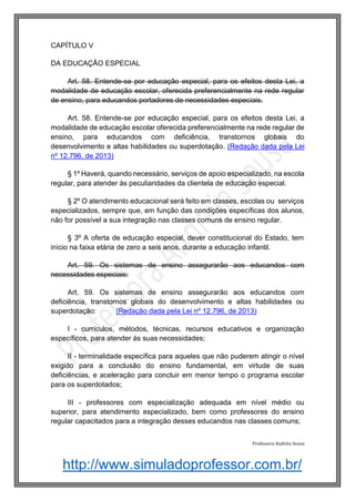 http://www.simuladoprofessor.com.br/
CAPÍTULO V
DA EDUCAÇÃO ESPECIAL
Art. 58. Entende-se por educação especial, para os efeitos desta Lei, a
modalidade de educação escolar, oferecida preferencialmente na rede regular
de ensino, para educandos portadores de necessidades especiais.
Art. 58. Entende-se por educação especial, para os efeitos desta Lei, a
modalidade de educação escolar oferecida preferencialmente na rede regular de
ensino, para educandos com deficiência, transtornos globais do
desenvolvimento e altas habilidades ou superdotação. (Redação dada pela Lei
nº 12.796, de 2013)
§ 1º Haverá, quando necessário, serviços de apoio especializado, na escola
regular, para atender às peculiaridades da clientela de educação especial.
§ 2º O atendimento educacional será feito em classes, escolas ou serviços
especializados, sempre que, em função das condições específicas dos alunos,
não for possível a sua integração nas classes comuns de ensino regular.
§ 3º A oferta de educação especial, dever constitucional do Estado, tem
início na faixa etária de zero a seis anos, durante a educação infantil.
Art. 59. Os sistemas de ensino assegurarão aos educandos com
necessidades especiais:
Art. 59. Os sistemas de ensino assegurarão aos educandos com
deficiência, transtornos globais do desenvolvimento e altas habilidades ou
superdotação: (Redação dada pela Lei nº 12.796, de 2013)
I - currículos, métodos, técnicas, recursos educativos e organização
específicos, para atender às suas necessidades;
II - terminalidade específica para aqueles que não puderem atingir o nível
exigido para a conclusão do ensino fundamental, em virtude de suas
deficiências, e aceleração para concluir em menor tempo o programa escolar
para os superdotados;
III - professores com especialização adequada em nível médio ou
superior, para atendimento especializado, bem como professores do ensino
regular capacitados para a integração desses educandos nas classes comuns;
Professora Andréia Sousa
 
