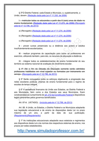 http://www.simuladoprofessor.com.br/
§ 3o
O Distrito Federal, cada Estado e Município, e, supletivamente, a
União, devem: (Redação dada pela Lei nº 11.330, de 2006)
I – matricular todos os educandos a partir dos 6 (seis) anos de idade no
ensino fundamental; (Redação dada pela Lei nº 11.274, de 2006) (Revogado
pela lei nº 12.796, de 2013)
a) (Revogado) (Redação dada pela Lei nº 11.274, de 2006)
b) (Revogado) (Redação dada pela Lei nº 11.274, de 2006)
c) (Revogado) (Redação dada pela Lei nº 11.274, de 2006)
II - prover cursos presenciais ou a distância aos jovens e adultos
insuficientemente escolarizados;
III - realizar programas de capacitação para todos os professores em
exercício, utilizando também, para isto, os recursos da educação a distância;
IV - integrar todos os estabelecimentos de ensino fundamental do seu
território ao sistema nacional de avaliação do rendimento escolar.
§ 4º Até o fim da Década da Educação somente serão admitidos
professores habilitados em nível superior ou formados por treinamento em
serviço. (Revogado pela lei nº 12.796, de 2013)
§ 5º Serão conjugados todos os esforços objetivando a progressão das
redes escolares públicas urbanas de ensino fundamental para o regime de
escolas de tempo integral.
§ 6º A assistência financeira da União aos Estados, ao Distrito Federal e
aos Municípios, bem como a dos Estados aos seus Municípios, ficam
condicionadas ao cumprimento do art. 212 da Constituição Federal e dispositivos
legais pertinentes pelos governos beneficiados.
Art. 87-A. (VETADO). (Incluído pela lei nº 12.796, de 2013)
Art. 88. A União, os Estados, o Distrito Federal e os Municípios adaptarão
sua legislação educacional e de ensino às disposições desta Lei no prazo
máximo de um ano, a partir da data de sua publicação.
(Regulamento)(Regulamento)
§ 1º As instituições educacionais adaptarão seus estatutos e regimentos
aos dispositivos desta Lei e às normas dos respectivos sistemas de ensino, nos
prazos por estes estabelecidos.
 
