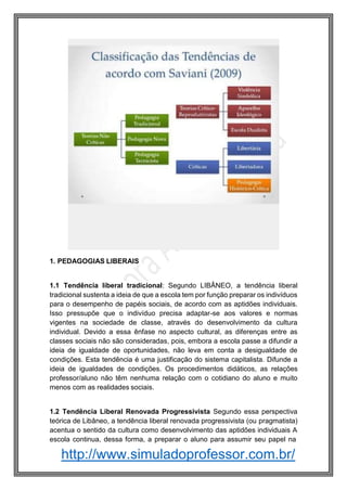 http://www.simuladoprofessor.com.br/
1. PEDAGOGIAS LIBERAIS
1.1 Tendência liberal tradicional: Segundo LIBÂNEO, a tendência liberal
tradicional sustenta a ideia de que a escola tem por função preparar os indivíduos
para o desempenho de papéis sociais, de acordo com as aptidões individuais.
Isso pressupõe que o indivíduo precisa adaptar-se aos valores e normas
vigentes na sociedade de classe, através do desenvolvimento da cultura
individual. Devido a essa ênfase no aspecto cultural, as diferenças entre as
classes sociais não são consideradas, pois, embora a escola passe a difundir a
ideia de igualdade de oportunidades, não leva em conta a desigualdade de
condições. Esta tendência é uma justificação do sistema capitalista. Difunde a
ideia de igualdades de condições. Os procedimentos didáticos, as relações
professor/aluno não têm nenhuma relação com o cotidiano do aluno e muito
menos com as realidades sociais.
1.2 Tendência Liberal Renovada Progressivista Segundo essa perspectiva
teórica de Libâneo, a tendência liberal renovada progressivista (ou pragmatista)
acentua o sentido da cultura como desenvolvimento das aptidões individuais A
escola continua, dessa forma, a preparar o aluno para assumir seu papel na
 