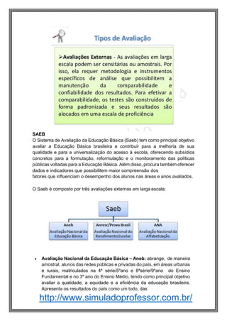 http://www.simuladoprofessor.com.br/
 Avaliação Nacional da Educação Básica – Aneb: abrange, de maneira
amostral, alunos das redes públicas e privadas do país, em áreas urbanas
e rurais, matriculados na 4ª série/5ºano e 8ªsérie/9ºano do Ensino
Fundamental e no 3º ano do Ensino Médio, tendo como principal objetivo
avaliar a qualidade, a equidade e a eficiência da educação brasileira.
Apresenta os resultados do país como um todo, das
SAEB
O Sistema de Avaliação da Educação Básica (Saeb) tem como principal objetivo
avaliar a Educação Básica brasileira e contribuir para a melhoria de sua
qualidade e para a universalização do acesso à escola, oferecendo subsídios
concretos para a formulação, reformulação e o monitoramento das políticas
públicas voltadas para a Educação Básica. Além disso, procura também oferecer
dados e indicadores que possibilitem maior compreensão dos
fatores que influenciam o desempenho dos alunos nas áreas e anos avaliados.
O Saeb é composto por três avaliações externas em larga escala:
 