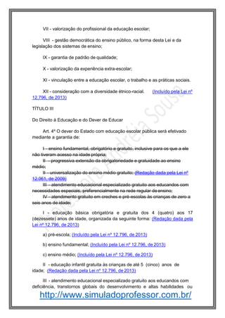 http://www.simuladoprofessor.com.br/
VII - valorização do profissional da educação escolar;
VIII - gestão democrática do ensino público, na forma desta Lei e da
legislação dos sistemas de ensino;
IX - garantia de padrão de qualidade;
X - valorização da experiência extra-escolar;
XI - vinculação entre a educação escolar, o trabalho e as práticas sociais.
XII - consideração com a diversidade étnico-racial. (Incluído pela Lei nº
12.796, de 2013)
TÍTULO III
Do Direito à Educação e do Dever de Educar
Art. 4º O dever do Estado com educação escolar pública será efetivado
mediante a garantia de:
I - ensino fundamental, obrigatório e gratuito, inclusive para os que a ele
não tiveram acesso na idade própria;
II - progressiva extensão da obrigatoriedade e gratuidade ao ensino
médio;
II - universalização do ensino médio gratuito; (Redação dada pela Lei nº
12.061, de 2009)
III - atendimento educacional especializado gratuito aos educandos com
necessidades especiais, preferencialmente na rede regular de ensino;
IV - atendimento gratuito em creches e pré-escolas às crianças de zero a
seis anos de idade;
I - educação básica obrigatória e gratuita dos 4 (quatro) aos 17
(dezessete) anos de idade, organizada da seguinte forma: (Redação dada pela
Lei nº 12.796, de 2013)
a) pré-escola; (Incluído pela Lei nº 12.796, de 2013)
b) ensino fundamental; (Incluído pela Lei nº 12.796, de 2013)
c) ensino médio; (Incluído pela Lei nº 12.796, de 2013)
II - educação infantil gratuita às crianças de até 5 (cinco) anos de
idade; (Redação dada pela Lei nº 12.796, de 2013)
III - atendimento educacional especializado gratuito aos educandos com
deficiência, transtornos globais do desenvolvimento e altas habilidades ou
 