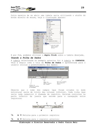 29


Outra maneira de se abrir uma tabela seria utilizando o atalho do
botão direito do mouse, veja a ilustração abaixo:




E por fim, podemos utilizar o duplo Click sobre a tabela desejada.
Usando a Folha de Dados
A tabela selecionada no exemplo anterior foi à tabela de CONTATOS.
Veja a seguir como a tela da Folha de Dados é apresentada para o
usuário iniciar o preenchimento dos dados:




Observe que o nome dos campos (que foram criados no modo
estrutura) serve de título das colunas (rótulos). Cada linha (que
seria cada cadastro) é chamada de registro. Existem controles na
parte inferior da janela que servem para a navegação entre
registros:




     A      Retorna para o primeiro registro;

     B      Retorna para o registro anterior;
         Elaboração e Direitos Reservados a Pedro Vieira Neto
 