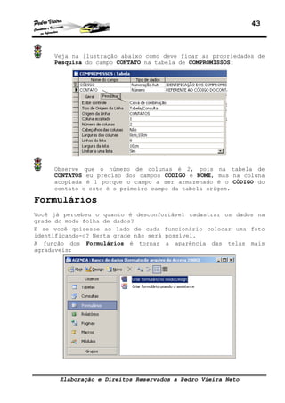 43



     Veja na ilustração abaixo como deve ficar as propriedades de
     Pesquisa do campo CONTATO na tabela de COMPROMISSOS:




     Observe que o número de colunas é 2, pois na tabela de
     CONTATOS eu preciso dos campos CÓDIGO e NOME, mas na coluna
     acoplada é 1 porque o campo a ser armazenado é o CÓDIGO do
     contato e este é o primeiro campo da tabela origem.

Formulários
Você já percebeu o quanto é desconfortável cadastrar os dados na
grade do modo folha de dados?
E se você quisesse ao lado de cada funcionário colocar uma foto
identificando-o? Nesta grade não será possível.
A função dos Formulários é tornar a aparência das telas mais
agradáveis:




       Elaboração e Direitos Reservados a Pedro Vieira Neto
 