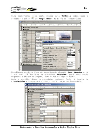 51


Para resolvermos isso basta deixar este Controle selecionado e
escolher o botão    de Propriedades da barra de ferramentas:




Escolhemos então o item de propriedade chamado Modo tamanho e na
lista que irá aparecer selecionamos Estender, pois esta opção
enquadra a imagem no objeto, como vimos na figura acima.
Após a escolha desta propriedade, podemos fecha a janela de
Propriedades e comprovarmos como ficou a imagem no formulário:




       Elaboração e Direitos Reservados a Pedro Vieira Neto
 