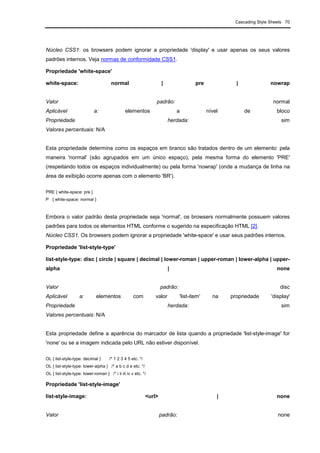 Cascading Style Sheets 70
Núcleo CSS1: os browsers podem ignorar a propriedade 'display' e usar apenas os seus valores
padrões internos. Veja normas de conformidade CSS1.
Propriedade 'white-space'
white-space: normal | pre | nowrap
Valor padrão: normal
Aplicável a: elementos a nível de bloco
Propriedade herdada: sim
Valores percentuais: N/A
Esta propriedade determina como os espaços em branco são tratados dentro de um elemento: pela
maneira 'normal' (são agrupados em um único espaço), pela mesma forma do elemento 'PRE'
(respeitando todos os espaços individualmente) ou pela forma 'nowrap' (onde a mudança de linha na
área de exibição ocorre apenas com o elemento 'BR').
PRE { white-space: pre }
P { white-space: normal }
Embora o valor padrão desta propriedade seja 'normal', os browsers normalmente possuem valores
padrões para todos os elementos HTML conforme o sugerido na especificação HTML [2].
Núcleo CSS1. Os browsers podem ignorar a propriedade 'white-space' e usar seus padrões internos.
Propriedade 'list-style-type'
list-style-type: disc | circle | square | decimal | lower-roman | upper-roman | lower-alpha | upper-
alpha | none
Valor padrão: disc
Aplicável a: elementos com valor 'list-item' na propriedade 'display'
Propriedade herdada: sim
Valores percentuais: N/A
Esta propriedade define a aparência do marcador de lista quando a propriedade 'list-style-image' for
'none' ou se a imagem indicada pelo URL não estiver disponível.
OL { list-style-type: decimal } /* 1 2 3 4 5 etc. */
OL { list-style-type: lower-alpha } /* a b c d e etc. */
OL { list-style-type: lower-roman } /* i ii iii iv v etc. */
Propriedade 'list-style-image'
list-style-image: <url> | none
Valor padrão: none
 