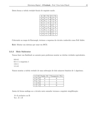 Eletrˆnica Digital - 3a Unidade - Prof. Vitor Le˜o Filardi
                             o                                          a                      41


   Desta forma a tabela verdade ﬁcaria do seguinte modo:


                                          A   B    Te    S   Ts
                                          0   0    0     0   0
                                          0   0    1     1   0
                                          0   1    0     1   0
                                          0   1    1     0   1
                                          1   0    0     1   0
                                          1   0    1     0   1
                                          1   1    0     0   1
                                          1   1    1     1   1


   Colocando no mapa de Karnaugh, teremos o esquema do circuito conhecido como Full Adder.

   Ex1: Montar um sistema que some em BCD.


3.5.3     Meio Subtrator
   Vamos fazer um ﬂashback no assunto para podermos montar as tabelas verdades equivalentes.

        0-0=0
        0-1=1 e empresta 1
        1-0=1
        1-1=0

   Vamos montar a tabela verdade de uma subtra¸ao de dois n´ meros bin´rios de 1 algarismo.
                                              c˜           u          a


                                 A   B    Sa´ (S)
                                            ıda         Transporte (Ts)
                                 0   0        0               0
                                 0   1        1               1
                                 1   0        1               0
                                 1   1        0               0


   Assim de forma an´loga ao o circuito meio somador teremos a seguinte simpliﬁca¸ao:
                    a                                                            c˜

        S=A exclusivo ou B
            ¯
        Ts= A + B
 
