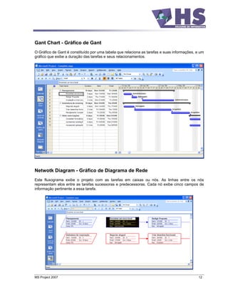 Gant Chart - Gráfico de Gant
O Gráfico de Gant é constituído por uma tabela que relaciona as tarefas e suas informações, e um
gráfico que exibe a duração das tarefas e seus relacionamentos.




Netwotk Diagram - Gráfico de Diagrama de Rede
Este fluxograma exibe o projeto com as tarefas em caixas ou nós. As linhas entre os nós
representam elos entre as tarefas sucessoras e predecessoras. Cada nó exibe cinco campos de
informação pertinente a essa tarefa.




MS Project 2007                                                                              12
 