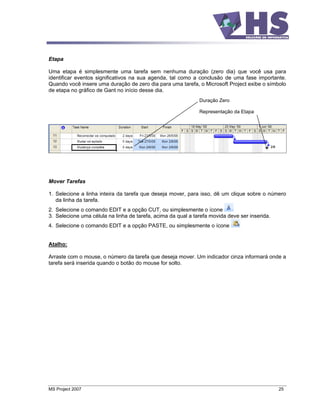 Etapa

Uma etapa é simplesmente uma tarefa sem nenhuma duração (zero dia) que você usa para
identificar eventos significativos na sua agenda, tal como a conclusão de uma fase importante.
Quando você insere uma duração de zero dia para uma tarefa, o Microsoft Project exibe o símbolo
de etapa no gráfico de Gant no início desse dia.
                                                              Duração Zero

                                                              Representação da Etapa




Mover Tarefas

1. Selecione a linha inteira da tarefa que deseja mover, para isso, dê um clique sobre o número
   da linha da tarefa.
2. Selecione o comando EDIT e a opção CUT, ou simplesmente o ícone
3. Selecione uma célula na linha de tarefa, acima da qual a tarefa movida deve ser inserida.
4. Selecione o comando EDIT e a opção PASTE, ou simplesmente o ícone


Atalho:

Arraste com o mouse, o número da tarefa que deseja mover. Um indicador cinza informará onde a
tarefa será inserida quando o botão do mouse for solto.




MS Project 2007                                                                                25
 