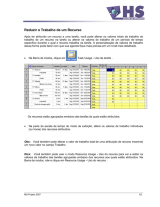 Reduzir o Trabalho de um Recurso
Após ter atribuído um recurso a uma tarefa, você pode alterar os valores totais de trabalho do
trabalho de um recurso na tarefa ou alterar os valores de trabalho de um período de tempo
específico durante o qual o recurso trabalha na tarefa. A personalização de valores de trabalho
dessa forma pode fazer com que sua agenda fique mais precisa em um nível mais detalhado.



    Na Barra de modos, clique em           Task Usage - Uso da tarefa .




   Os recursos estão agrupados embaixo das tarefas às quais estão atribuídos.


    Na parte da escala de tempo do modo de exibição, altere os valores de trabalho individuais
    (ou horas) dos recursos atribuídos.



Obs: Você também pode alterar o valor de trabalho total de uma atribuição de recurso inserindo
um novo valor no campo Trabalho.


Dica: Você também pode usar o modo Resource Usage - Uso do recurso para ver e editar os
valores de trabalho das tarefas agrupadas embaixo dos recursos aos quais estão atribuídos. Na
Barra de modos, role e clique em Resource Usage - Uso do recurso .




MS Project 2007                                                                             62
 