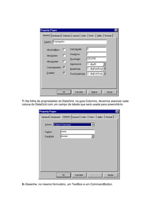 7- Na folha de propriedades do DataGrid, na guia Columns, devemos associar cada
coluna do DataGrid com um campo da tabela que será usada para preenchê-lo.
8- Desenhe, no mesmo formulário, um TextBox e um CommandButton.
 