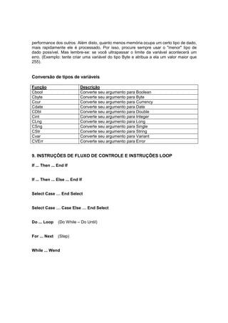 performance dos outros. Além disto, quanto menos memória ocupa um certo tipo de dado,
mais rapidamente ele é processado. Por isso, procure sempre usar o "menor" tipo de
dado possível. Mas lembre-se: se você ultrapassar o limite da variável acontecerá um
erro. (Exemplo: tente criar uma variável do tipo Byte e atribua a ela um valor maior que
255).
Conversão de tipos de variáveis
Função Descrição
Cbool Converte seu argumento para Boolean
Cbyte Converte seu argumento para Byte
Ccur Converte seu argumento para Currency
Cdate Converte seu argumento para Date
CDbl Converte seu argumento para Double
Cint Converte seu argumento para Integer
CLng Converte seu argumento para Long
CSng Converte seu argumento para Single
CStr Converte seu argumento para String
Cvar Converte seu argumento para Variant
CVErr Converte seu argumento para Error
9. INSTRUÇÕES DE FLUXO DE CONTROLE E INSTRUÇÕES LOOP
If ... Then ... End If
If ... Then ... Else ... End If
Select Case … End Select
Select Case … Case Else … End Select
Do ... Loop (Do While – Do Until)
For ... Next (Step)
While ... Wend
 