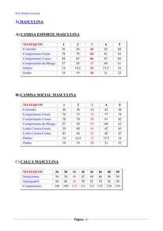 Prof. Roberto Ferreira
Página - 5 -
2) MASCULINA
A) CAMISA ESPORTE MASCULINA
B) CAMISA SOCIAL MASCULINA
MANEQUIM 1 2 3 4 5
Colarinho 36 38 40 42 44
Comprimento Frente 74 75 76 77 78
Comprimento Costas 78 79 80 81 82
Comprimento de Manga 57 58 59 60 61
Linha Cintura Frente 39 40 41 42 43
Linha Cintura Costas 43 44 45 46 47
Ombro 14 14.5 15 15.5 16
Punho 18 19 20 21 22
C) CALÇA MASCULINA
MANEQUIM 36 38 40 42 44 46 48 50
Semicintura 36 38 40 42 44 46 48 50
Semiquadril 44 46 48 50 52 54 56 58
Comprimento 108 109 110 111 112 113 114 115
MANEQUIM 1 2 3 4 5
Colarinho 36 38 40 42 44
Comprimento Frente 78 79 80 81 82
Comprimento Costas 84 85 86 87 88
Comprimento de Manga 57 58 59 60 61
Ombro 14 14.5 15 15.5 16
Punho 18 19 20 21 22
 