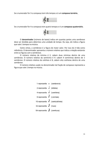 Se o numerador for 3 o compasso tem três tempos e é um compasso ternário.

Se o numerador for 4 o compasso tem quatro tempos e é um compasso quaternário.

O denominador (número de baixo) indica em quantas partes uma semibreve
deve ser dividida para obtermos uma unidade de tempo. Ou seja, ele indica a figura
que vale 1 tempos na música.
Como vimos, a semibreve é a figura de maior valor. Por isso ela é tida como
referência. O denominador apresenta o número relativo que indica a relação existente
entre as figuras com a semibreve.
O número relativo da mínima é 2, cabem duas mínimas dentro de uma
semibreve. O número relativo da semínima é 4: cabem 4 semínimas dentro de 1
semibreve. O número relativo da colcheia é 8, cabem oito colcheias dentro de uma
semibreve.
O número relativo usado no denominador da fração de compasso representa a
figura que vale 1 tempo na música.

18

 