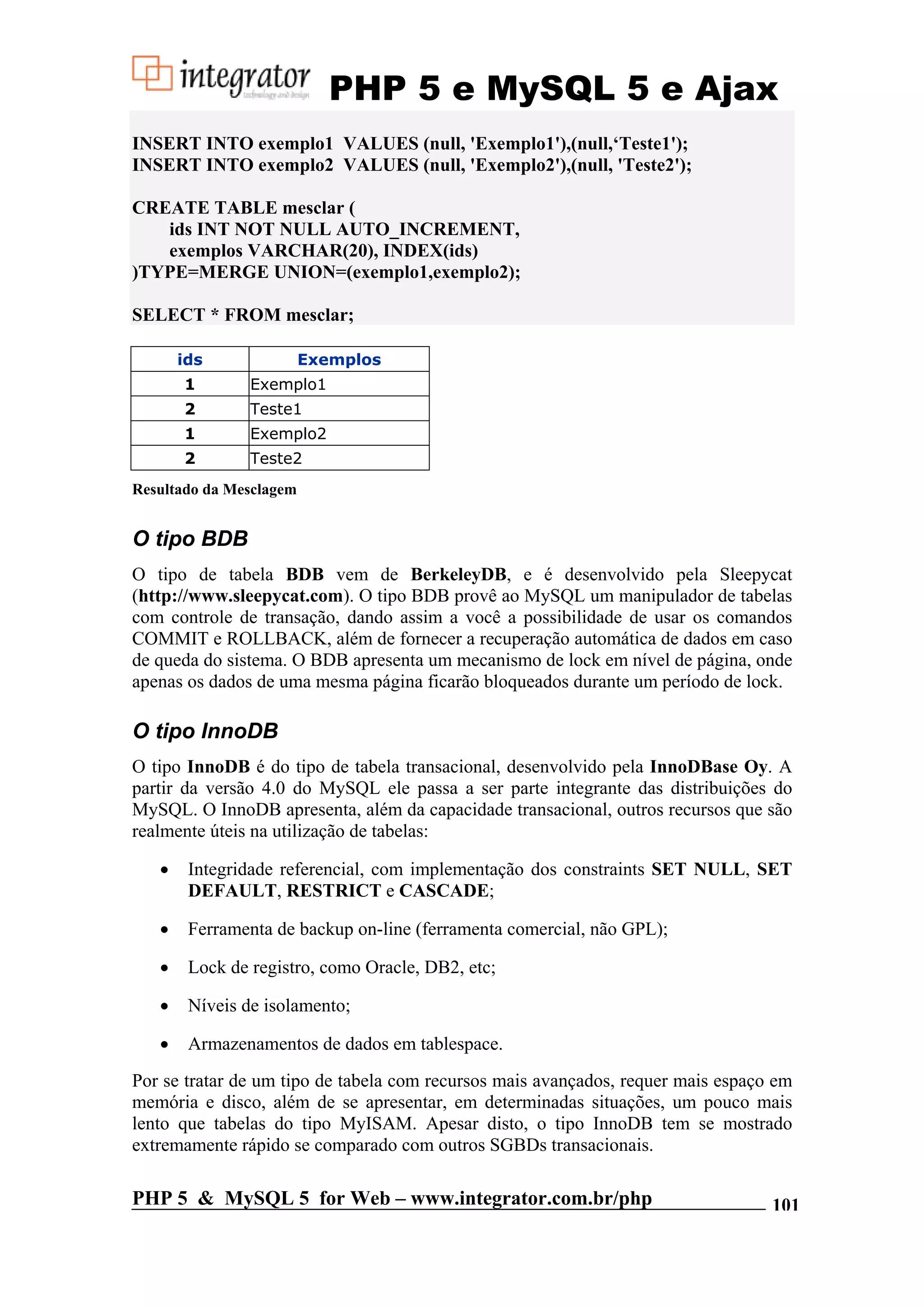 PHP 5 e MySQL 5 e Ajax INSERT INTO exemplo1 VALUES (null, 'Exemplo1'),(null,‘Teste1'); INSERT INTO exemplo2 VALUES (null, 'Exemplo2'),(null, 'Teste2'); CREATE TABLE mesclar ( ids INT NOT NULL AUTO_INCREMENT, exemplos VARCHAR(20), INDEX(ids) )TYPE=MERGE UNION=(exemplo1,exemplo2); SELECT * FROM mesclar; ids Exemplos 1 Exemplo1 2 Teste1 1 Exemplo2 2 Teste2 Resultado da Mesclagem O tipo BDB O tipo de tabela BDB vem de BerkeleyDB, e é desenvolvido pela Sleepycat (http://www.sleepycat.com). O tipo BDB provê ao MySQL um manipulador de tabelas com controle de transação, dando assim a você a possibilidade de usar os comandos COMMIT e ROLLBACK, além de fornecer a recuperação automática de dados em caso de queda do sistema. O BDB apresenta um mecanismo de lock em nível de página, onde apenas os dados de uma mesma página ficarão bloqueados durante um período de lock. O tipo InnoDB O tipo InnoDB é do tipo de tabela transacional, desenvolvido pela InnoDBase Oy. A partir da versão 4.0 do MySQL ele passa a ser parte integrante das distribuições do MySQL. O InnoDB apresenta, além da capacidade transacional, outros recursos que são realmente úteis na utilização de tabelas: • Integridade referencial, com implementação dos constraints SET NULL, SET DEFAULT, RESTRICT e CASCADE; • Ferramenta de backup on-line (ferramenta comercial, não GPL); • Lock de registro, como Oracle, DB2, etc; • Níveis de isolamento; • Armazenamentos de dados em tablespace. Por se tratar de um tipo de tabela com recursos mais avançados, requer mais espaço em memória e disco, além de se apresentar, em determinadas situações, um pouco mais lento que tabelas do tipo MyISAM. Apesar disto, o tipo InnoDB tem se mostrado extremamente rápido se comparado com outros SGBDs transacionais. PHP 5 & MySQL 5 for Web – www.integrator.com.br/php 101 