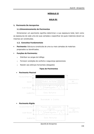 Aula 01 - Aeroportos
Apostila de Aeroportos
136
MÓDULO II
AULA 01
1. Pavimento De Aeroportos
1.1.Dimensionamento de Pavimentos
Dimensionar um pavimento significa determinar a sua espessura total, bem como
as espessuras de cada uma de suas camadas e especificar de quais materiais devem as
mesmas ser constituídas.
1.2. Conceitos Fundamentais
• Pavimento: Estrutura constituída de uma ou mais camadas de materiais
preparados ou beneficiados.
• Funções do Pavimento:
o Distribuir as cargas do tráfego
o Fornecer condições de conforto e segurança operacionais
o Resistir aos esforços horizontais (desgaste)
Tipos de Pavimentos
• Pavimento Flexível
• Pavimento Rígido
 