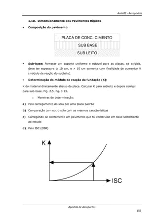 Aula 01 - Aeroportos
Apostila de Aeroportos
155
1.10. Dimensionamento dos Pavimentos Rígidos
• Composição do pavimento:
PLACA DE CONC. CIMENTO
SUB BASE
SUB LEITO
• Sub-base: Fornecer um suporte uniforme e estável para as placas, se exigida,
deve ter espessura ≥ 10 cm, e > 10 cm somente com finalidade de aumentar K
(módulo de reação do subleito).
• Determinação do módulo de reação da fundação (K):
K do material diretamente abaixo da placa. Calcular K para subleito e depois corrigir
para sub-base. Fig. 2.5, fig. 3.13.
o Maneiras de determinação:
a) Pelo carregamento do solo por uma placa padrão
b) Comparação com outro solo com as mesmas características
c) Carregando-se diretamente um pavimento que foi construído em base semelhante
ao estudo
d) Pelo ISC (CBR)
K
ISC
 