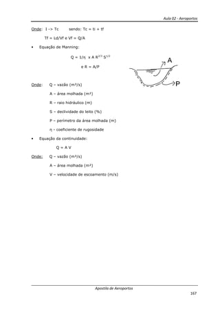 Aula 02 - Aeroportos
Apostila de Aeroportos
167
Onde: I -> Tc sendo: Tc = ti + tf
Tf = Ld/Vf e Vf = Q/A
• Equação de Manning:
Q = 1/ x A R2/3
S1/2
e R = A/P
Onde: Q – vazão (m³/s)
A – área molhada (m²)
R – raio hidráulico (m)
S – declividade do leito (%)
P – perímetro da área molhada (m)
η - coeficiente de rugosidade
• Equação da continuidade:
Q = A V
Onde: Q – vazão (m³/s)
A – área molhada (m²)
V – velocidade de escoamento (m/s)
 