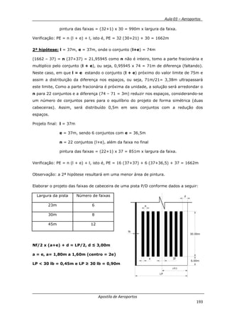 __________ _ Aula 03 – Aeroportos_
Apostila de Aeroportos
193
30.00m
LP/2
LP
a
lb
2l
d
e
6.00m
pintura das faixas = (32+1) x 30 = 990m x largura da faixa.
Verificação: PE = n (l + e) + l, isto é, PE = 32 (30+21) + 30 = 1662m
2ª hipótese: l = 37m, e = 37m, onde o conjunto (l+e) = 74m
(1662 – 37) = n (37+37) = 21,95945 como n não é inteiro, tomo a parte fracionária e
multiplico pelo conjunto (l + e), ou seja, 0,95945 x 74 = 71m de diferença (faltando).
Neste caso, em que l = e estando o conjunto (l + e) próximo do valor limite de 75m e
assim a distribuição da diferença nos espaços, ou seja, 71m/21= 3,38m ultrapassará
este limite, Como a parte fracionária é próxima da unidade, a solução será arredondar o
n para 22 conjuntos e a diferença (74 – 71 = 3m) reduzir nos espaços, considerando-se
um número de conjuntos pares para o equilíbrio do projeto de forma simétrica (duas
cabeceiras). Assim, será distribuído 0,5m em seis conjuntos com a redução dos
espaços.
Projeto final: l = 37m
e = 37m, sendo 6 conjuntos com e = 36,5m
n = 22 conjuntos (l+e), além da faixa no final
pintura das faixas = (22+1) x 37 = 851m x largura da faixa.
Verificação: PE = n (l + e) + l, isto é, PE = 16 (37+37) + 6 (37+36,5) + 37 = 1662m
Observação: a 2ª hipótese resultará em uma menor área de pintura.
Elaborar o projeto das faixas de cabeceira de uma pista P/D conforme dados a seguir:
Largura da pista Número de faixas
23m 6
30m 8
45m 12
Nf/2 x (a+e) + d = LP/2, d ≤ 3,00m
a = e, a= 1,80m a 1,60m (centro = 2e)
LP < 30 lb = 0,45m e LP ≥ 30 lb = 0,90m
 