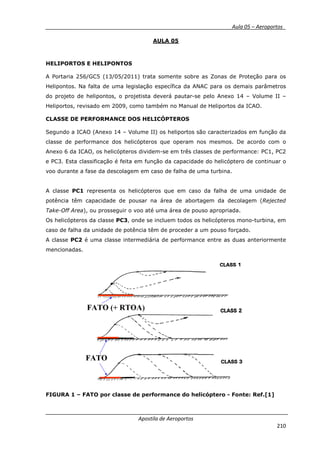__________ _ Aula 05 – Aeroportos_
Apostila de Aeroportos
210
AULA 05
HELIPORTOS E HELIPONTOS
A Portaria 256/GC5 (13/05/2011) trata somente sobre as Zonas de Proteção para os
Helipontos. Na falta de uma legislação específica da ANAC para os demais parâmetros
do projeto de helipontos, o projetista deverá pautar-se pelo Anexo 14 – Volume II –
Heliportos, revisado em 2009, como também no Manual de Heliportos da ICAO.
CLASSE DE PERFORMANCE DOS HELICÓPTEROS
Segundo a ICAO (Anexo 14 – Volume II) os heliportos são caracterizados em função da
classe de performance dos helicópteros que operam nos mesmos. De acordo com o
Anexo 6 da ICAO, os helicópteros dividem-se em três classes de performance: PC1, PC2
e PC3. Esta classificação é feita em função da capacidade do helicóptero de continuar o
voo durante a fase da descolagem em caso de falha de uma turbina.
A classe PC1 representa os helicópteros que em caso da falha de uma unidade de
potência têm capacidade de pousar na área de abortagem da decolagem (Rejected
Take-Off Area), ou prosseguir o voo até uma área de pouso apropriada.
Os helicópteros da classe PC3, onde se incluem todos os helicópteros mono-turbina, em
caso de falha da unidade de potência têm de proceder a um pouso forçado.
A classe PC2 é uma classe intermediária de performance entre as duas anteriormente
mencionadas.
FIGURA 1 – FATO por classe de performance do helicóptero - Fonte: Ref.[1]
 