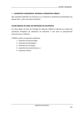__________ _ Aula 05 – Aeroportos_
Apostila de Aeroportos
216
6 – SUPERFÍCIE HORIZONTAL INTERNA E SUPERFÍCIE CÔNICA
São superfícies definidas (ver figuras 8 e 11) conforme os parâmetros apresentados nas
tabelas HEL1 e HEL2 da Portaria 256/GC5.
PLANO BÁSICO DE ZONA DE PROTEÇÃO DE HELIPONTO
Um Plano Básico de Zona de Proteção de Heliponto (PBZPH) é definido em função das
superfícies limitadoras de obstáculos de helipontos e com base no planejamento
aprovado para o heliponto.
0 PBZPH contem as seguintes superfícies:
1 - Superfície de Aproximação;
2 - Superfície de Decolagem;
3 - Superfície de Transição;
4 - Superfície Horizontal Interna; e
5 - Superfície Cônica.
 