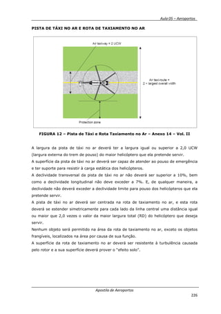__________ _ Aula 05 – Aeroportos_
Apostila de Aeroportos
226
PISTA DE TÁXI NO AR E ROTA DE TAXIAMENTO NO AR
FIGURA 12 – Pista de Táxi e Rota Taxiamento no Ar – Anexo 14 – Vol. II
A largura da pista de táxi no ar deverá ter a largura igual ou superior a 2,0 UCW
(largura externa do trem de pouso) do maior helicóptero que ela pretende servir.
A superfície da pista de táxi no ar deverá ser capaz de atender ao pouso de emergência
e ter suporte para resistir à carga estática dos helicópteros.
A declividade transversal da pista de táxi no ar não deverá ser superior a 10%, bem
como a declividade longitudinal não deve exceder a 7%. E, de qualquer maneira, a
declividade não deverá exceder a declividade limite para pouso dos helicópteros que ela
pretende servir.
A pista de táxi no ar deverá ser centrada na rota de taxiamento no ar, e esta rota
deverá se estender simetricamente para cada lado da linha central uma distância igual
ou maior que 2,0 vezes o valor da maior largura total (RD) do helicóptero que deseja
servir.
Nenhum objeto será permitido na área da rota de taxiamento no ar, exceto os objetos
frangíveis, localizados na área por causa de sua função.
A superfície da rota de taxiamento no ar deverá ser resistente à turbulência causada
pelo rotor e a sua superfície deverá prover o “efeito solo”.
 