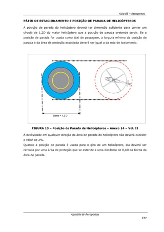 __________ _ Aula 05 – Aeroportos_
Apostila de Aeroportos
227
PÁTIO DE ESTACIONAMENTO E POSIÇÃO DE PARADA DE HELICÓPTEROS
A posição de parada do helicóptero deverá ter dimensão suficiente para conter um
círculo de 1,2D do maior helicóptero que a posição de parada pretende servir. Se a
posição de parada for usada como táxi de passagem, a largura mínima da posição de
parada e da área de proteção associada deverá ser igual a da rota de taxiamento.
FIGURA 13 – Posição de Parada de Helicópteros – Anexo 14 – Vol. II
A declividade em qualquer direção da área de parada do helicóptero não deverá exceder
o valor de 2%.
Quando a posição de parada é usada para o giro de um helicóptero, ela deverá ser
cercada por uma área de proteção que se estende a uma distância de 0,4D da borda da
área de parada.
 