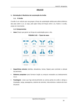 Aula 03 - Aeroportos
Apostila de Aeroportos
29
AULA 03
1. Introdução à Mecânica de Locomoção do Avião
1.1. O Avião
O avião é um veículo que voa graças à força de sustentação obtida pelo efeito dinâmico
das asas sobre o ar, ou seja, pela ação mútua de forças entre o ar, fluido e o avião,
corpo em movimento.
1.2. Componentes
• Asas (fixas) que geram as forças de sustentação para o vôo.
FIGURA 3.01 – Tipos de asas.
• Superfícies móveis (elerões, elevadores, lemes, flapes) para controlar a atitude
da aeronave.
• Sistema propulsor para fornecer tração ou empuxo necessário ao deslocamento
no ar.
• Fuselagem: corpo que liga estruturalmente as outras partes do avião e abriga a
tripulação, carga, passageiros, sistema de controle, instrumentos e sistema de trem
de pouso.
 