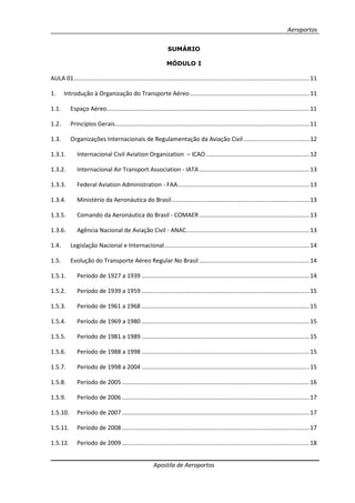 Aeroportos
Apostila de Aeroportos
SUMÁRIO
MÓDULO I
AULA 01...............................................................................................................................................11
1. Introdução à Organização do Transporte Aéreo.........................................................................11
1.1. Espaço Aéreo...........................................................................................................................11
1.2. Princípios Gerais......................................................................................................................11
1.3. Organizações Internacionais de Regulamentação da Aviação Civil ........................................12
1.3.1. Internacional Civil Aviation Organization – ICAO...............................................................12
1.3.2. Internacional Air Transport Association - IATA...................................................................13
1.3.3. Federal Aviation Administration - FAA................................................................................13
1.3.4. Ministério da Aeronáutica do Brasil....................................................................................13
1.3.5. Comando da Aeronáutica do Brasil - COMAER...................................................................13
1.3.6. Agência Nacional de Aviação Civil - ANAC...........................................................................13
1.4. Legislação Nacional e Internacional........................................................................................14
1.5. Evolução do Transporte Aéreo Regular No Brasil ...................................................................14
1.5.1. Período de 1927 a 1939 ......................................................................................................14
1.5.2. Período de 1939 a 1959 ......................................................................................................15
1.5.3. Período de 1961 a 1968 ......................................................................................................15
1.5.4. Período de 1969 a 1980 ......................................................................................................15
1.5.5. Período de 1981 a 1989 ......................................................................................................15
1.5.6. Período de 1988 a 1998 ......................................................................................................15
1.5.7. Período de 1998 a 2004 ......................................................................................................15
1.5.8. Período de 2005..................................................................................................................16
1.5.9. Período de 2006..................................................................................................................17
1.5.10. Período de 2007..................................................................................................................17
1.5.11. Período de 2008..................................................................................................................17
1.5.12. Período de 2009..................................................................................................................18
 