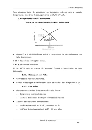 Aula 05 - Aeroportos
Apostila de Aeroportos
43
Num diagrama típico de velocidades na decolagem, entra-se com a pressão,
temperatura e peso bruto de decolagem e tira-se VR, V2 e V1/VR.
1.3. Comprimento de Pista Balanceada
FIGURA 4.03 – Comprimento de Pista Balanceada.
• Quando Y e Z são coincidentes tem-se o comprimento de pista balanceada com
falha de um motor.
> V1 > distância de aceleração e parada.
> V1 < distância de decolagem.
V1 ou V1/VR dado no manual da aeronave. Fornece o comprimento de pista
balanceado.
1.3.1. Decolagem sem Falha
• Com todos os motores funcionando.
• Corrida de decolagem é definida como 115% da distância para atingir VLOF + l/2.
1.3.2. Conclusões
• O comprimento de pista de decolagem é o maior dentre:
o Comprimento balanceado de pista
o 115 % da distância de decolagem com todos os motores.
• A corrida de decolagem é a maior dentre:
o Distância para atingir VLOF + l/2, com falha em V1
o 115 % da distância para atingir VLOF + l/2 sem falha.
 