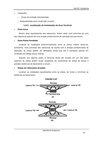 Aula 05 - Aeroportos
Apostila de Aeroportos
65
• Topografia
o Zonas de proteção desimpedidas
o Adequabilidade para construção (custos)
1.9.3. Localização de Instalações da Área Terminal
• Pista única
Devem estar equidistantes das cabeceiras. Podem estar mais próximas de uma
das cabeceiras quando há uma direção predominante de operação das aeronaves.
• Duas Pistas Paralelas
Localizar as instalações preferencialmente entre as pistas. Podem situar-se,
entretanto, mais próximas das cabeceiras de acordo com a direção predominante de
operação. As pistas podem ser defasadas sendo que isto é vantajoso apenas em
condições de tráfego pouco intenso.
Quando, por alguma razão, o Terminal tende ser situado em um dos lados
externos às pistas podem surgir problemas de cruzamento de pistas de pouso e
grandes distâncias de táxiamento a vencer.
• Pistas em diferentes direções
Localizar as instalações equidistantes entre as pistas, de modo a minimizar as
distâncias de táxiamento.
FIGURA 5.07
 