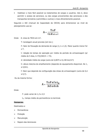 • Viabilizar o mais fácil possível os
permitir o acesso da aeronave, ou das cargas provenientes das aeronaves e dos
transportes terrestres (caminhões e outros) o mais eficientemente possível.
Segundo o IAC (manual de Capacidade da CECIA) para dime
planejamento usa-se:
Onde: A: área do TECA em m².
T: tonelagem anual prevista (em ton.)
F: fator de flutuação da demanda de carga (1,1 a 1,5). Maior quanto menor for
o T.
t: relação do tempo de operação por média do período de
média de 5 dias, t=73)
d: densidade média da carga (varia de 0,0875 a 0,158 ton/m³)
h: altura máxima de empilhamento (depende do equipamento disponível. De 1,
a 4,0m).
f: fator que depende da configuração das áreas de armazenag
a 0,7).
Ou da mesma forma:
Onde:
F: pode variar de 1,3 a 2,5
tm: tempo médio de permanência no terminal.
Hangares:
Destinados a:
Permanência
Proteção
Manutenção
Reparo das Aeronaves
Apostila de Aeroportos
Viabilizar o mais fácil possível os tratamentos de cargas e usuários. Isto é, deve
permitir o acesso da aeronave, ou das cargas provenientes das aeronaves e dos
transportes terrestres (caminhões e outros) o mais eficientemente possível.
Segundo o IAC (manual de Capacidade da CECIA) para dimensionar ao nível de
A: área do TECA em m².
T: tonelagem anual prevista (em ton.)
F: fator de flutuação da demanda de carga (1,1 a 1,5). Maior quanto menor for
t: relação do tempo de operação por média do período de
média de 5 dias, t=73)(365/5 = 73).
d: densidade média da carga (varia de 0,0875 a 0,158 ton/m³)
h: altura máxima de empilhamento (depende do equipamento disponível. De 1,
f: fator que depende da configuração das áreas de armazenag
F: pode variar de 1,3 a 2,5
: tempo médio de permanência no terminal.
Reparo das Aeronaves
Aula 05 - Aeroportos
68
tratamentos de cargas e usuários. Isto é, deve
permitir o acesso da aeronave, ou das cargas provenientes das aeronaves e dos
transportes terrestres (caminhões e outros) o mais eficientemente possível.
nsionar ao nível de
F: fator de flutuação da demanda de carga (1,1 a 1,5). Maior quanto menor for
t: relação do tempo de operação por média do período de armazenagem (p/
d: densidade média da carga (varia de 0,0875 a 0,158 ton/m³)
h: altura máxima de empilhamento (depende do equipamento disponível. De 1,
f: fator que depende da configuração das áreas de armazenagem (varia de 0,4
 