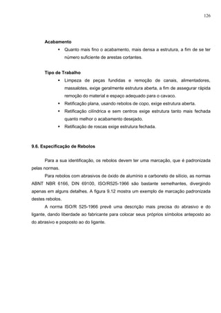 126
Acabamento
 Quanto mais fino o acabamento, mais densa a estrutura, a fim de se ter
número suficiente de arestas cortantes.
Tipo de Trabalho
 Limpeza de peças fundidas e remoção de canais, alimentadores,
massalotes, exige geralmente estrutura aberta, a fim de assegurar rápida
remoção do material e espaço adequado para o cavaco.
 Retificação plana, usando rebolos de copo, exige estrutura aberta.
 Retificação cilíndrica e sem centros exige estrutura tanto mais fechada
quanto melhor o acabamento desejado.
 Retificação de roscas exige estrutura fechada.
9.6. Especificação de Rebolos
Para a sua identificação, os rebolos devem ter uma marcação, que é padronizada
pelas normas.
Para rebolos com abrasivos de óxido de alumínio e carboneto de silício, as normas
ABNT NBR 6166, DIN 69100, ISO/R525-1966 são bastante semelhantes, divergindo
apenas em alguns detalhes. A figura 9.12 mostra um exemplo de marcação padronizada
destes rebolos.
A norma lSO/R 525-1966 prevê uma descrição mais precisa do abrasivo e do
ligante, dando liberdade ao fabricante para colocar seus próprios símbolos anteposto ao
do abrasivo e posposto ao do ligante.
 