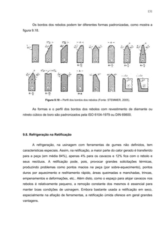 131
Os bordos dos rebolos podem ter diferentes formas padronizadas, como mostra a
figura 9.18.
Figura 9.18 – Perfil dos bordos dos rebolos (Fonte: STEMMER, 2005).
As formas e o perfil dos bordos dos rebolos com revestimento de diamante ou
nitreto cúbico de boro são padronizados pela ISO 6104-1979 ou DIN 69800.
9.8. Refrigeração na Retificação
A refrigeração, na usinagem com ferramentas de gumes não definidos, tem
caracteristicas especiais. Assim, na retificação, a maior parte do calor gerado é transferido
para a peça (em média 84%), apenas 4% para os cavacos e 12% fica com o rebolo e
seus resíduos. A retificação pode, pois, provocar grandes solicitações térmicas,
produzindo problemas como pontos macios na peça (por sobre-aquecimento), pontos
duros por aquecimento e resfriamento rápido, áreas queimadas e manchadas, trincas,
empenamentos e deformações, etc.. Além disto, como o espaço para alojar cavacos nos
rebolos é relativamente pequeno, a remoção constante dos mesmos é essencial para
manter boas condições de usinagem. Embora bastante usada a retificação em seco,
especialmente na afiação de ferramentas, a retificação úmida oferece em geral grandes
vantagens.
 