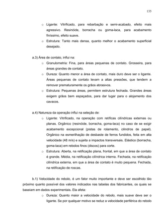 135
o Ligante: Vitrificado, para rebarbação e semi-acabado, efeito mais
agressivo. Resinóide, borracha ou goma-laca, para acabamento
finíssimo, efeito suave.
o Estrutura: Tanto mais densa, quanto melhor o acabamento superficial
desejado.
a.3) Área de contato, inﬂui na:
o Granulometria: Fina, para áreas pequenas de contato. Grosseira, para
áreas grandes de contato.
o Dureza: Quanto menor a área de contato, mais duro deve ser o ligante.
Áreas pequenas de contato levam a altas pressões, que tendem a
remover prematuramente os grãos abrasivos.
o Estrutura: Pequenas áreas, permitem estrutura fechada. Grandes áreas
exigem grãos bem espaçados, para dar lugar para o alojamento dos
cavacos.
a.4) Natureza da operação influi na seleção de:
o Ligante: Vitrificado, na operação com retíficas cilíndricas externas ou
planas. Orgânico (resinóide, borracha, goma-laca) no caso de se exigir
acabamento excepcional (pistas de rolamento, cilindros de papel).
Orgânico na esmerilhação de desbaste de ferros fundidos, feita em alta
velocidade (48 m/s) e sujeita a impactos transversais. Elástico (borracha,
goma-laca) em rebolos finos (discos) para corte.
o Estrutura: Aberta, na retificação plana, frontal, em que a área de contato
é grande. Média, na retificação cilíndrica interna. Fechada, na retificação
cilíndrica externa, em que a área de contato é muito pequena. Fechada,
na retificação de roscas.
b.1) Velocidade do rebolo, é um fator muito importante e deve ser escolhido tão
próximo quanto possível dos valores indicados nas tabelas dos fabricantes, os quais se
baseiam em dados experimentais. Ela afeta:
o Dureza: Quanto maior a velocidade do rebolo, mais suave deve ser o
Iigante. Se por qualquer motivo se reduz a velocidade periférica do rebolo
 