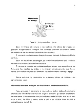 9
Figura 1.9 – Movimentos de Corte e Avanço.
Esses movimento são sempre os responsáveis pela retirada de cavacos que
possibilita as operações de usinagem. Eles podem se apresentar sob diversas formas,
dependendo do tipo de processo que está sendo considerado.
O movimento resultante desses dois movimentos é chamado de Movimento Efetivo
de Corte.
Esses três movimentos de usinagem, por contribuirem diretamente para a remoção
de cavaco, são chamados de Movimentos Ativos.
È interessante ressaltar que, embora em alguns casos a peça se movimente e a
ferramenta fique estática, ou ambas se movimentem simultaneamente, para fins de
estudo, considera-se sempre que a ferramenta é que se movimenta em relação à peça.
Alguns exemplos de movimentos em processos comuns de usinagem são
apresentados a seguir.
Movimentos Ativos de Usinagem nos Processos de Serramento Alternativo
Nesse processo de serramento o movimento de corte é dado pelo movimento
alternativo de um sistema biela-manivela, acoplado a um arco que contém a ferramenta
de corte (serra). O movimento de avanço normalmente é realizado pela ação de um peso
sobre o arco, que força o mesmo sobre a peça a ser cortada. Esse processo é
exemplificado na figura 1.10.
MMoovviimmeennttoo
ddee AAvvaannççoo
MMoovviimmeennttoo
ddee CCoorrttee
 