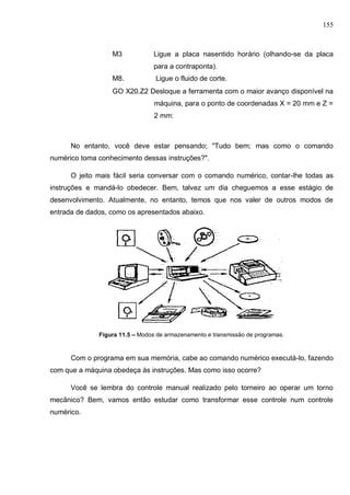 155
M3 Ligue a placa nasentido horário (olhando-se da placa
para a contraponta).
M8. Ligue o fluido de corte.
GO X20.Z2 Desloque a ferramenta com o maior avanço disponível na
máquina, para o ponto de coordenadas X = 20 mm e Z =
2 mm:
No entanto, você deve estar pensando; "Tudo bem; mas como o comando
numérico toma conhecimento dessas instruções?".
O jeito mais fácil seria conversar com o comando numérico, contar-lhe todas as
instruções e mandá-lo obedecer. Bem, talvez um dia cheguemos a esse estágio de
desenvolvimento. Atualmente, no entanto, temos que nos valer de outros modos de
entrada de dados, como os apresentados abaixo.
Figura 11.5 – Modos de armazenamento e transmissão de programas.
Com o programa em sua memória, cabe ao comando numérico executá-lo, fazendo
com que a máquina obedeça às instruções. Mas como isso ocorre?
Você se lembra do controle manual realizado pelo torneiro ao operar um torno
mecânico? Bem, vamos então estudar como transformar esse controle num controle
numérico.
 