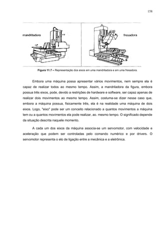158
Figura 11.7 – Representação dos eixos em uma mandriladora e em uma fresadora.
Embora uma máquina possa apresentar vários movimentos, nem sempre ela é
capaz de realizar todos ao mesmo tempo. Assim, a mandriladora da figura, embora
possua três eixos, pode, devido a restrições de hardware e software, ser capaz apenas de
realizar dois movimentos ao mesmo tempo. Assim, costuma-se dizer nesse caso que,
embora a máquina possua, fisicamente três, ela é na realidade uma máquina de dois
eixos. Logo, "eixo" pode ser um conceito relacionado a quantos movimentos a máquina
tem ou a quantos movimentos ela pode realizar, ao. mesmo tempo. O significado depende
da situação descrita naquele momento.
A cada um dos eixos da máquina associa-se um servomotor, com velocidade e
aceleração que podem ser controladas pelo comando numérico e por drivers. O
servomotor representa o elo de ligação entre a mecânica e a eletrônica.
 