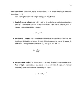 23
ponta de corte em canto vivo, ângulo de inclinação λ = 0 e ângulo de posição da aresta
secundária χ’r = 0.
Para a situação idealmente simplificada (figura 2.9), tem-se:
 Seção Transversal de Corte (A) – é a área da seção transversal calculada de um
cavaco a ser removido, medida perpendicularmente à direção de corte no plano de
medida. Neste caso é válida a relação:
hbfaA p 
 Largura de Corte (b) – é a largura calculada da seção transversal de corte. Nas
condições idealizadas, a largura de corte é idêntica ao comprimento da aresta de
corte ativa e à largura nominal de corte (bD). Da figura 2.9, têm-se:
r
p
X
a
b
sen

 Espessura de Corte (h) – é a espessura calculada da seção transversal de corte.
Nas condições idealizadas, a espessura de corte é idêntica à espessura nominal
de corte (hD) e é calculada com base na figura 9, por:
b
A
Xfh r  sen
 