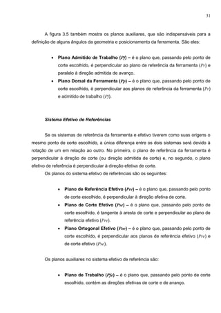 31
A figura 3.5 também mostra os planos auxiliares, que são indispensáveis para a
definição de alguns ângulos da geometria e posicionamento da ferramenta. São eles:
 Plano Admitido de Trabalho (Pf) – é o plano que, passando pelo ponto de
corte escolhido, é perpendicular ao plano de referência da ferramenta (Pr) e
paralelo à direção admitida de avanço.
 Plano Dorsal da Ferramenta (Pp) – é o plano que, passando pelo ponto de
corte escolhido, é perpendicular aos planos de referência da ferramenta (Pr)
e admitido de trabalho (Pf).
Sistema Efetivo de Referências
Se os sistemas de referência da ferramenta e efetivo tiverem como suas origens o
mesmo ponto de corte escolhido, a única diferença entre os dois sistemas será devido à
rotação de um em relação ao outro. No primeiro, o plano de referência da ferramenta é
perpendicular à direção de corte (ou direção admitida de corte) e, no segundo, o plano
efetivo de referência é perpendicular à direção efetiva de corte.
Os planos do sistema efetivo de referências são os seguintes:
 Plano de Referência Efetivo (Pre) – é o plano que, passando pelo ponto
de corte escolhido, é perpendicular à direção efetiva de corte.
 Plano de Corte Efetivo (Pse) – é o plano que, passando pelo ponto de
corte escolhido, é tangente à aresta de corte e perpendicular ao plano de
referência efetivo (Pre).
 Plano Ortogonal Efetivo (Poe) – é o plano que, passando pelo ponto de
corte escolhido, é perpendicular aos planos de referência efetivo (Pre) e
de corte efetivo (Pse).
Os planos auxiliares no sistema efetivo de referência são:
 Plano de Trabalho (Pfe) – é o plano que, passando pelo ponto de corte
escolhido, contém as direções efetivas de corte e de avanço.
 