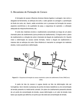 60
5. Mecanismo de Formação de Cavaco
A formação de cavaco influencia diversos fatores ligados à usinagem, tais como o
desgaste da ferramenta, os esforços de corte, o calor gerado na usinagem, a penetração
do fluido de corte, etc. Assim, estão envolvidos com o processo de formação de cavaco
aspectos econômicos e de qualidade da peça, a segurança do operador, a utilização
adequada da máquina-ferramenta, etc.
O corte dos materiais envolve o cisalhamento concentrado ao longo de um plano
chamado plano de cisalhamento (zona primária de cisalhamento). O ângulo entre o plano
de cisalhamento e a direção de corte é chamado de ângulo de cisalhamento (Φ). Quanto
maior a deformação do cavaco sendo formado, menor o ângulo de cisalhamento e
maiores são os esforços de corte. Esta influência é marcante na usinagem de materiais
dúcteis, muito suscetíveis à deformação.
Figura 5.1 – Esquema da formação do cavaco mostrando o plano de cisalhamento (Fonte: DINIZ et al,
2000).
A parte de trás do cavaco é rugosa devido ao fato da deformação não ser
homogênea. Isto é devido à presença de pontos de baixa resistência ou de concentração
de tensão presente no metal sendo usinado. Um plano de cisalhamento passando através
de um ponto de concentração de tensão, causa deformação a um valor de tensão mais
baixo que aquela que deforma um ponto que não está sob concentração de tensão.
 