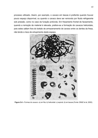 65
processo utilizado. Assim, por exemplo, o cavaco em lascas é preferido quando houver
pouco espaço disponível, ou quando o cavaco deve ser removido por fluido refrigerante
sob pressão, como no caso da furação profunda. Em fresamento frontal de faceamento,
quando a remoção de material é elevada, prefere-se a formação de cavacos helicoidais,
pois estes saltam fora do bolsão de armazenamento de cavaco entre os dentes da fresa,
não tendo o risco de entupimento deste espaço.
Figura 5.4 – Formas do cavaco: a) em fita; b) helicoidal; c) espiral; d) em lascas (Fonte: DINIZ et al, 2000).
 