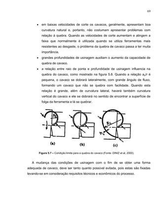 69
 em baixas velocidades de corte os cavacos, geralmente, apresentam boa
curvatura natural e, portanto, não costumam apresentar problemas com
relação à quebra. Quando as velocidades de corte aumentam e atingem a
faixa que normalmente é utilizada quando se utiliza ferramentas mais
resistentes ao desgaste, o problema da quebra de cavaco passa a ter muita
importância.
 grandes profundidades de usinagem auxiliam o aumento da capacidade de
quebra de cavaco.
 a relação entre raio de ponta e profundidade de usinagem influencia na
quebra do cavaco, como mostrado na figura 5.8. Quando a relação ap/r é
pequena, o cavaco se dobrará lateralmente, com grande ângulo de fluxo,
formando um cavaco que não se quebra com facilidade. Quando esta
relação é grande, além de curvatura lateral, haverá também curvatura
vertical do cavaco e ele se dobrará no sentido de encontrar a superfície de
folga da ferramenta e lá se quebrar.
Figura 5.7 – Condição limite para a quebra do cavaco (Fonte: DINIZ et al, 2000).
A mudança das condições de usinagem com o fim de se obter uma forma
adequada de cavaco, deve ser tanto quanto possível evitada, pois estas são fixadas
levando-se em consideração requisitos técnicos e econômicos do processo.
 