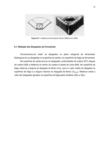 79
Figura 6.7 – Quebra em ferramenta (Fonte: DINIZ et al, 2000).
6.1. Medição dos Desgastes da Ferramenta
Convencionou-se medir os desgastes no plano ortogonal da ferramenta.
Distinguem-se os desgastes na superfície de saída e na superfície de folga da ferramenta.
Na superfície de saída tem-se os desgastes: profundidade de cratera (KT), largura
da cratera (KB) e distância do centro da cratera à aresta de corte (KM). Na superfície de
folga mede-se a largura do desgaste de flanco (VB), que é o valor médio do desgaste na
superfície de folga a a largura máxima do desgaste de flanco (VBmáx). Mede-se ainda o
valor dos desgastes gerados na superfície de folga pelos entalhes (VBN e VBC).
 