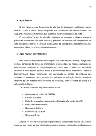 89
a) Aços Rápidos
O aço rápido é uma ferramenta de alta liga de tungstênio, molibdênio, cromo,
vanádio, cobalto e nióbio, assim designado pois quando do seu desenvolvimento, em
1905, era o material de ferramenta que suportava maiores velocidades de corte.
É um material tenaz, de elevada resistência ao desgaste e elevada dureza a
quente (se comparado com aços carbono), podendo ser utilizado até temperaturas de
corte da ordem de 600o
C. A estrutura metalográfica do aço rápido no estado temperado é
martensítica básica com carbonetos encrustrados.
b) Aços Rápidos com Cobertura
Para diversas ferramentas de usinagem tais como brocas, machos, alargadores,
brochas, cortadores de dentes de engrenagens e alguns tipos de fresas, a aplicação de
materiais mais resistentes ao desgaste que o aço rápido, como o metal duro ou material
cerâmico, é muito restrita devido à forma e às dimensões destas ferramentas. Assim, o
desenvolvimento destas ferramentas tem caminhado no sentido da melhoria das
condições do próprio aço rápido, através, principalmente, da aplicação de uma camada de
cobertura de um material mais resistente ao desgaste, como o nitreto de titânio e o
carbonitreto de titânio.
Tal camada possui as seguintes características:
 Alta dureza, da ordem de 2300 HV
 Elevada dutilidade
 Redução sensível do caldeamento a frio (evita a formação da APC)
 Baixo coeficiente de atrito
 Quimicamente inerte
 Espessura de 1 a 4 μm
 Ótima aparência
A figura 7.1 mostra duas curvas de profundidade total usinada durante uma vida de
brocas de aço rápido versus velocidade de corte e avanço, mostrando a melhoria que o
 