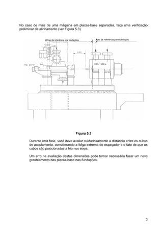 3
No caso de mais de uma máquina em placas-base separadas, faça uma verificação
preliminar de alinhamento (ver Figura 5.3)
Figura 5.3
Durante esta fase, você deve avaliar cuidadosamente a distância entre os cubos
de acoplamento, considerando a folga extrema do espaçador e o fato de que os
cubos são posicionados a frio nos eixos.
Um erro na avaliação destas dimensões pode tornar necessário fazer um novo
grauteamento das placas-base nas fundações.
Eixo de referência pra fundações Eixo de referência para tubulação
 