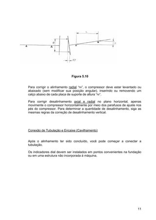 11
Figura 5.10
Para corrigir o alinhamento radial “rv”, o compressor deve estar levantado ou
abaixado (sem modificar sua posição angular), inserindo ou removendo um
calço abaixo de cada placa de suporte de altura “rv”.
Para corrigir desalinhamento axial e radial no plano horizontal, apenas
movimente o compressor horizontalmente por meio dos parafusos de ajuste nos
pés do compressor. Para determinar a quantidade de desalinhamento, siga as
mesmas regras da correção de desalinhamento vertical.
Conexão de Tubulação e Encaixe (Cavilhamento)
Após o alinhamento ter sido concluído, você pode começar a conectar a
tubulação.
Os indicadores dial devem ser instalados em pontos convenientes na fundação
ou em uma estrutura não incorporada à máquina.
 