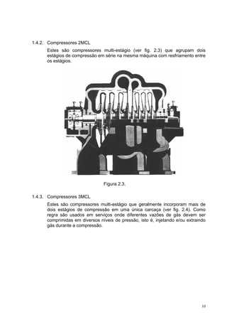 10
1.4.2. Compressores 2MCL
Estes são compressores multi-estágio (ver fig. 2.3) que agrupam dois
estágios de compressão em série na mesma máquina com resfriamento entre
os estágios.
Figura 2.3.
1.4.3. Compressores 3MCL
Estes são compressores multi-estágio que geralmente incorporam mais de
dois estágios de compressão em uma única carcaça (ver fig. 2.4). Como
regra são usados em serviços onde diferentes vazões de gás devem ser
comprimidas em diversos níveis de pressão, isto é, injetando e/ou extraindo
gás durante a compressão.
 