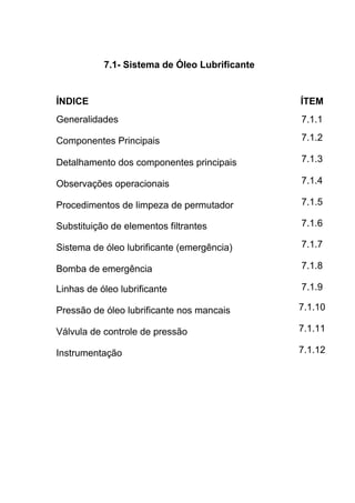 7.1- Sistema de Óleo Lubrificante
ÍNDICE ÍTEM
Generalidades 7.1.1
Componentes Principais 7.1.2
Detalhamento dos componentes principais 7.1.3
Observações operacionais 7.1.4
Procedimentos de limpeza de permutador 7.1.5
Substituição de elementos filtrantes 7.1.6
Sistema de óleo lubrificante (emergência) 7.1.7
Bomba de emergência 7.1.8
Linhas de óleo lubrificante 7.1.9
Pressão de óleo lubrificante nos mancais 7.1.10
Válvula de controle de pressão 7.1.11
Instrumentação 7.1.12
 