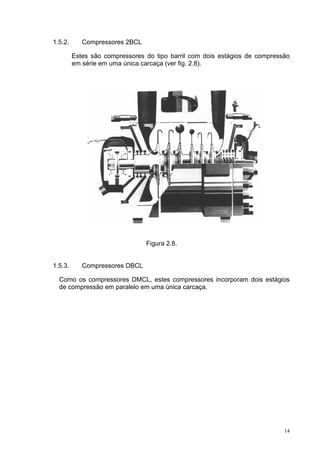 14
1.5.2. Compressores 2BCL
Estes são compressores do tipo barril com dois estágios de compressão
em série em uma única carcaça (ver fig. 2.8).
Figura 2.8.
1.5.3. Compressores DBCL
Como os compressores DMCL, estes compressores incorporam dois estágios
de compressão em paralelo em uma única carcaça.
 