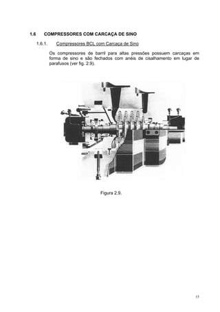 15
1.6 COMPRESSORES COM CARCAÇA DE SINO
1.6.1. Compressores BCL com Carcaça de Sino
Os compressores de barril para altas pressões possuem carcaças em
forma de sino e são fechados com anéis de cisalhamento em lugar de
parafusos (ver fig. 2.9).
Figura 2.9.
 